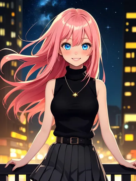 /imagine an anime picture in (Ultra-HD-details, discreet, emphasized-details, life-size-body, cutesie)
50mm lens
aperture opening of f/4.0
(cinematic light, depth of field, vivid colors like HDR+, sharp focus)
The youthful top model is posing for this image that frames (upper body) in a (night city background with starry night, fantasy, glowing), this top model is
1girl, pink hair, long hair, (Her silky hair sways in the wind), vivid blue eyes, hair between eyes, blush, confident smile, closed mouth, very cute, bangs, medium breasts, smile, (dressing a sweater, turtleneck sweater, (sleeveless), necklace, skirt, pleated skirt, (black skirt), black belt)
\\ Made with ONE FOR ALL checkpoint by Chaos Experience @ https://civitai.com/user/ChaosExperience/ \\