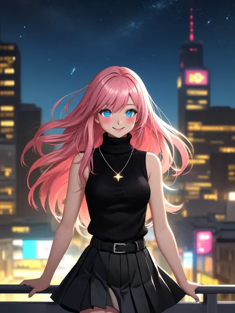 /imagine an anime picture in (Ultra-HD-details, discreet, emphasized-details, life-size-body, cutesie)
50mm lens
aperture opening of f/4.0
(cinematic light, depth of field, vivid colors like HDR+, sharp focus)
The youthful top model is posing for this image that frames (upper body) in a (night city background with starry night, fantasy, glowing), this top model is
1girl, pink hair, long hair, (Her silky hair sways in the wind), vivid blue eyes, hair between eyes, blush, confident smile, closed mouth, very cute, bangs, medium breasts, smile, (dressing a sweater, turtleneck sweater, (sleeveless), necklace, skirt, pleated skirt, (black skirt), black belt)
\\ Made with ONE FOR ALL checkpoint by Chaos Experience @ https://civitai.com/user/ChaosExperience/ \\