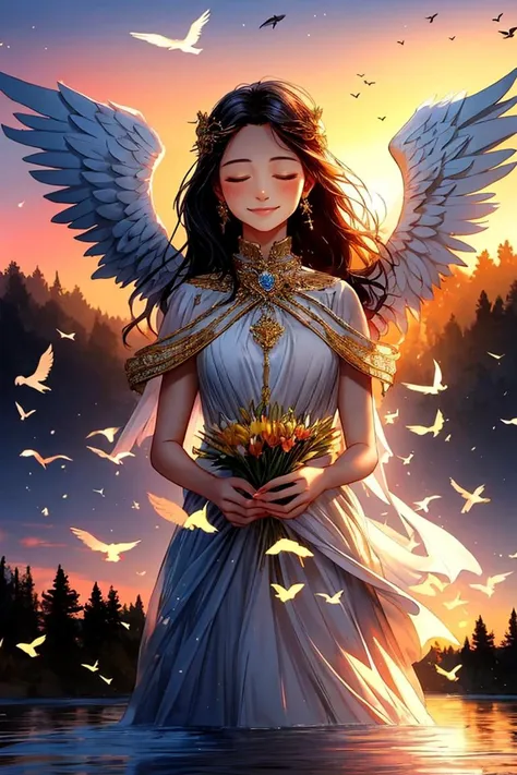 smiling expressive, perfect face, best ghrapic, HD, UHD, 4k, 1 girl, beautiful face, soft skin, black hair, angel, white wings, beautiful white dress with golden liontin in center, playing piano in center of the river, closed eyes, sunset, flying birds around, beautiful forest background, angel view from afar, new, newes
<lora:Furtastic_Detailer:0.8>
<lora:wrenchsfantasy:0.7> wrenchsfantasy, fantasy, glowing