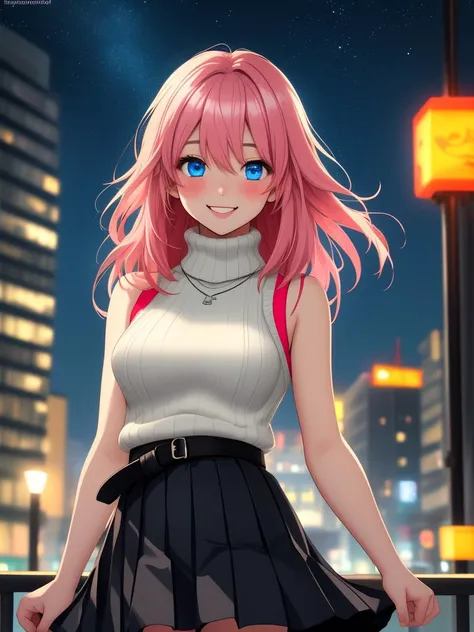 /imagine an anime picture in (Ultra-HD-details, discreet, emphasized-details, life-size-body, cutesie)
50mm lens
aperture opening of f/4.0
(cinematic light, depth of field, vivid colors like HDR+, sharp focus)
The youthful top model is posing for this image that frames (upper body) in a (night city background with starry night, fantasy, glowing), this top model is
1girl, pink hair, long hair, (Her silky hair sways in the wind), vivid blue eyes, hair between eyes, blush, confident smile, closed mouth, very cute, bangs, medium breasts, smile, (dressing a sweater, turtleneck sweater, (sleeveless), necklace, skirt, pleated skirt, (black skirt), black belt)
\\ Made with ONE FOR ALL checkpoint by Chaos Experience @ https://civitai.com/user/ChaosExperience/ \\