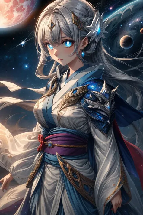 beautiful woman, glowing blue eyes, star shaped pupils
Hoshizora is one of the primordial beings of the universe. She takes the form of a woman, wearing a long Kimono and hakama that completely covers her body, which is patterned with galaxies, stars, planets, almost like her clothing is made by the universe itself. She carries with her a glowing sword, made of pure moonlight. She has glowing sky-blue eyes, and has a cape made of starlight. She wanders the universe, protecting existence itself from all kinds of threats that seek to end reality. She also has the duty of an executioner, that means if life on a planet has reached its end, she destroy the planet and grant the remaining life essence back to Stellana. She is destined to slay Astarach if she ever escapes her prison.
<lora:beautiful detailed eyes:0.8>
<lora:more_details:0.7>
<lora:3p0ch3lv3s-000009:0.5> epochelves