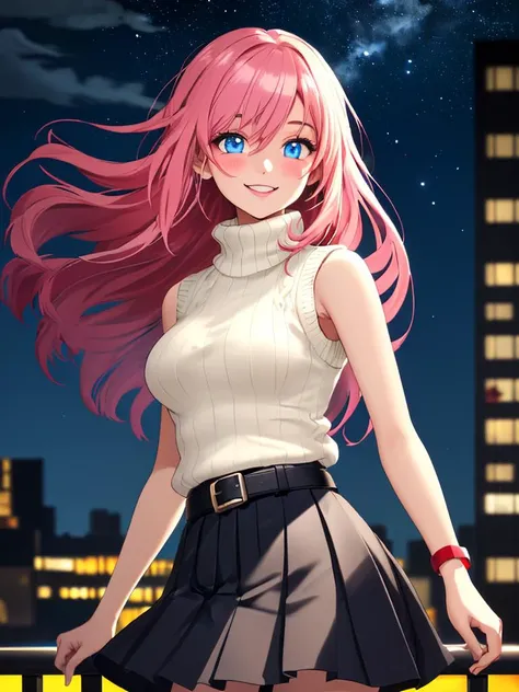 /imagine an anime picture in (Ultra-HD-details, discreet, emphasized-details, life-size-body, cutesie)
50mm lens
aperture opening of f/4.0
(cinematic light, depth of field, vivid colors like HDR+, sharp focus)
The youthful top model is posing for this image that frames (upper body) in a (night city background with starry night, fantasy, glowing), this top model is
1girl, pink hair, long hair, (Her silky hair sways in the wind), vivid blue eyes, hair between eyes, blush, confident smile, closed mouth, very cute, bangs, medium breasts, smile, (dressing a sweater, turtleneck sweater, (sleeveless), necklace, skirt, pleated skirt, (black skirt), black belt)
\\ Made with ONE FOR ALL checkpoint by Chaos Experience @ https://civitai.com/user/ChaosExperience/ \\