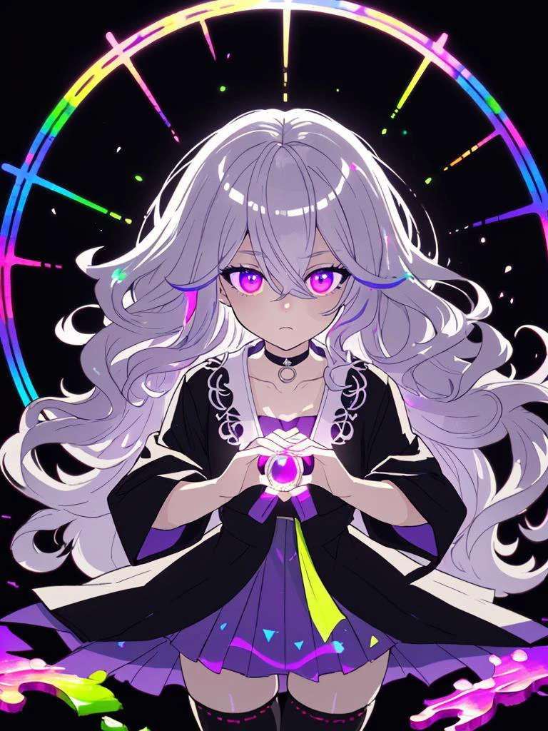 1girl, very cute, (purple eyes:1.233), Her eyes shone like dreamy stars, (glowing eyes:1.233), (beautiful and detailed eyes:1.1), (Silver hair:1.14), (wavy hair, very long hair, hair between eyes, black highlights, ), (perfect hands), choker, (miko thighhighs), (night:1.2), dreamy, soul, (fluorescence), (delicate fingers and hands:0.55:0.907)(::0.85:0.9524), (detail fingers), ((colourful paint splashes on transparent background, dulux)), ((caustic)), beautiful detailed glow, glowing aura energy, light particles, chromatic aberration, (detailed background, fantasy), ((cinematic light)), colorful, hyper detail, dramatic light, intricate details, depth of field, black light particles, (broken glass), magic circle
