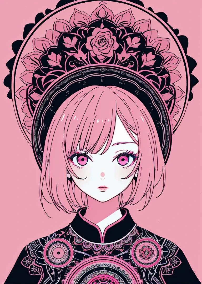 1girl, (((detailed background))), wallpaper, Parting art, mandala, shaos, pink tone color, Radial, streamlined, typing art, art design, burst, core