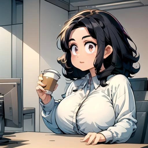 (masterpiece:1.4), high quality, high definition, sharp focus, detailed clothes, detailed body, detailed face, anime, best quality, 4k, 8k, absurd resolution, intricate detail, detailed hands, (detailed eyes:1.3), animation, illustration, highly detailed, highres, extremely detailed, <lora:hyperdenoiser_v090:0.6>, <lora:perfetfingers:1>,<lora:hyperrefiner_v090:0.6>, <lora:add_detail:0.4>, <lora:ETO_OC:0.2> ETO-OC, <lora:ETO_OCC006:0.8>, ETO_OCC, (curly hair:1.2), (parted bangs:1.4), long hair, black hair, thick eyebrows, pale skin, curvy, (plump:1.3), fat, full body, large breasts, <lora:spitTake:0.8> drinking,from side,holding cup,office,office desk,office interior,