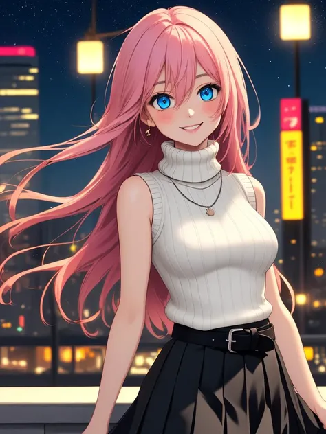 /imagine an anime picture in (Ultra-HD-details, discreet, emphasized-details, life-size-body, cutesie)
50mm lens
aperture opening of f/4.0
(cinematic light, depth of field, vivid colors like HDR+, sharp focus)
The youthful top model is posing for this image that frames (upper body) in a (night city background with starry night, fantasy, glowing), this top model is
1girl, pink hair, long hair, (Her silky hair sways in the wind), vivid blue eyes, hair between eyes, blush, confident smile, closed mouth, very cute, bangs, medium breasts, smile, (dressing a sweater, turtleneck sweater, (sleeveless), necklace, skirt, pleated skirt, (black skirt), black belt)
\\ Made with ONE FOR ALL checkpoint by Chaos Experience @ https://civitai.com/user/ChaosExperience/ \\