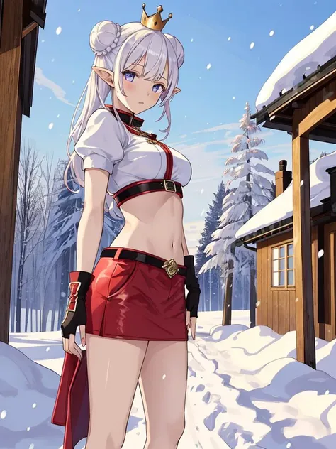 1girl, neige hausen, white crown, red double bun, midriff, pointy ears, sideboob, looking at viewer, fingerless gloves, outdoors, standing