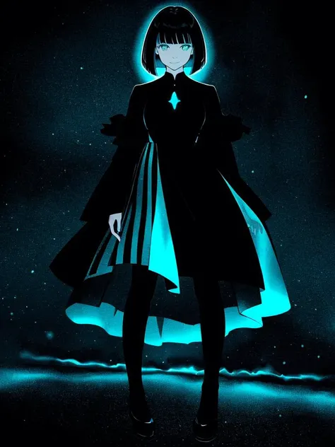 beautiful mature woman, bioluminescent dress, ((very dark, high contrast)), glow, (bloom), looking at viewer, (full body), slight smile, bob cut