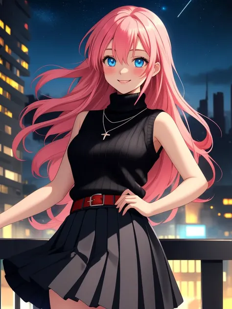 /imagine an anime picture in (Ultra-HD-details, discreet, emphasized-details, life-size-body, cutesie)
50mm lens
aperture opening of f/4.0
(cinematic light, depth of field, vivid colors like HDR+, sharp focus)
The youthful top model is posing for this image that frames (upper body) in a (night city background with starry night, fantasy, glowing), this top model is
1girl, pink hair, long hair, (Her silky hair sways in the wind), vivid blue eyes, hair between eyes, blush, confident smile, closed mouth, very cute, bangs, medium breasts, smile, (dressing a sweater, turtleneck sweater, (sleeveless), necklace, skirt, pleated skirt, (black skirt), black belt)
\\ Made with ONE FOR ALL checkpoint by Chaos Experience @ https://civitai.com/user/ChaosExperience/ \\
