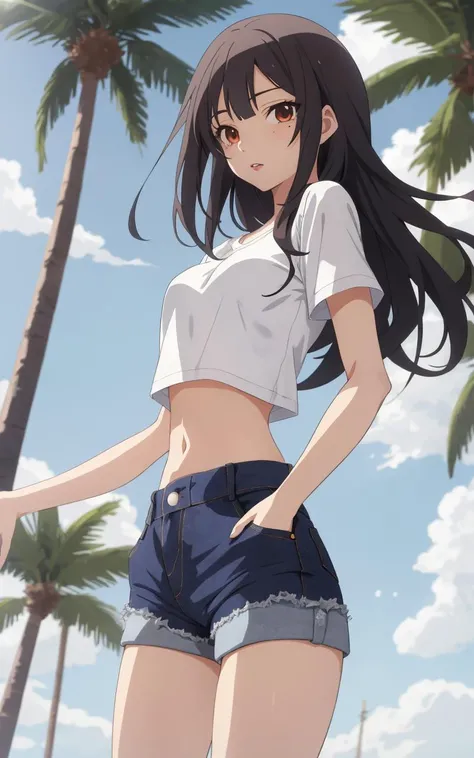 (Anime : Flat : 2D)
1girl, solo, lips, long hair, looking at viewer, midriff, mole, navel
denim, outdoors, palm tree, shirt, short shorts, shorts
depth of field, focused