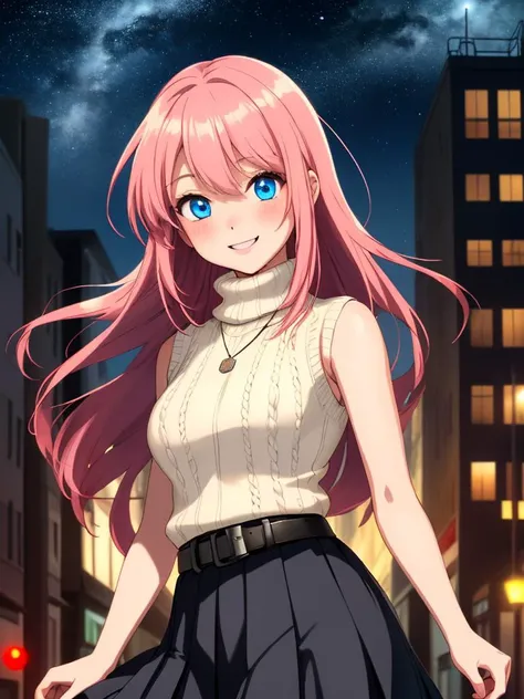 /imagine an anime picture in (Ultra-HD-details, discreet, emphasized-details, life-size-body, cutesie)
50mm lens
aperture opening of f/4.0
(cinematic light, depth of field, vivid colors like HDR+, sharp focus)
The youthful top model is posing for this image that frames (upper body) in a (night city background with starry night, fantasy, glowing), this top model is
1girl, pink hair, long hair, (Her silky hair sways in the wind), vivid blue eyes, hair between eyes, blush, confident smile, closed mouth, very cute, bangs, medium breasts, smile, (dressing a sweater, turtleneck sweater, (sleeveless), necklace, skirt, pleated skirt, (black skirt), black belt)
\\ Made with ONE FOR ALL checkpoint by Chaos Experience @ https://civitai.com/user/ChaosExperience/ \\