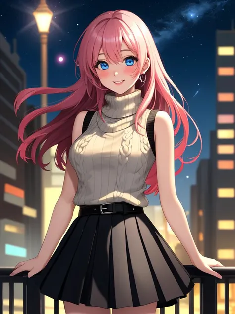 /imagine an anime picture in (Ultra-HD-details, discreet, emphasized-details, life-size-body, cutesie)
50mm lens
aperture opening of f/4.0
(cinematic light, depth of field, vivid colors like HDR+, sharp focus)
The youthful top model is posing for this image that frames (upper body) in a (night city background with starry night, fantasy, glowing), this top model is
1girl, pink hair, long hair, (Her silky hair sways in the wind), vivid blue eyes, hair between eyes, blush, confident smile, closed mouth, very cute, bangs, medium breasts, smile, (dressing a sweater, turtleneck sweater, (sleeveless), necklace, skirt, pleated skirt, (black skirt), black belt)
\\ Made with ONE FOR ALL checkpoint by Chaos Experience @ https://civitai.com/user/ChaosExperience/ \\
