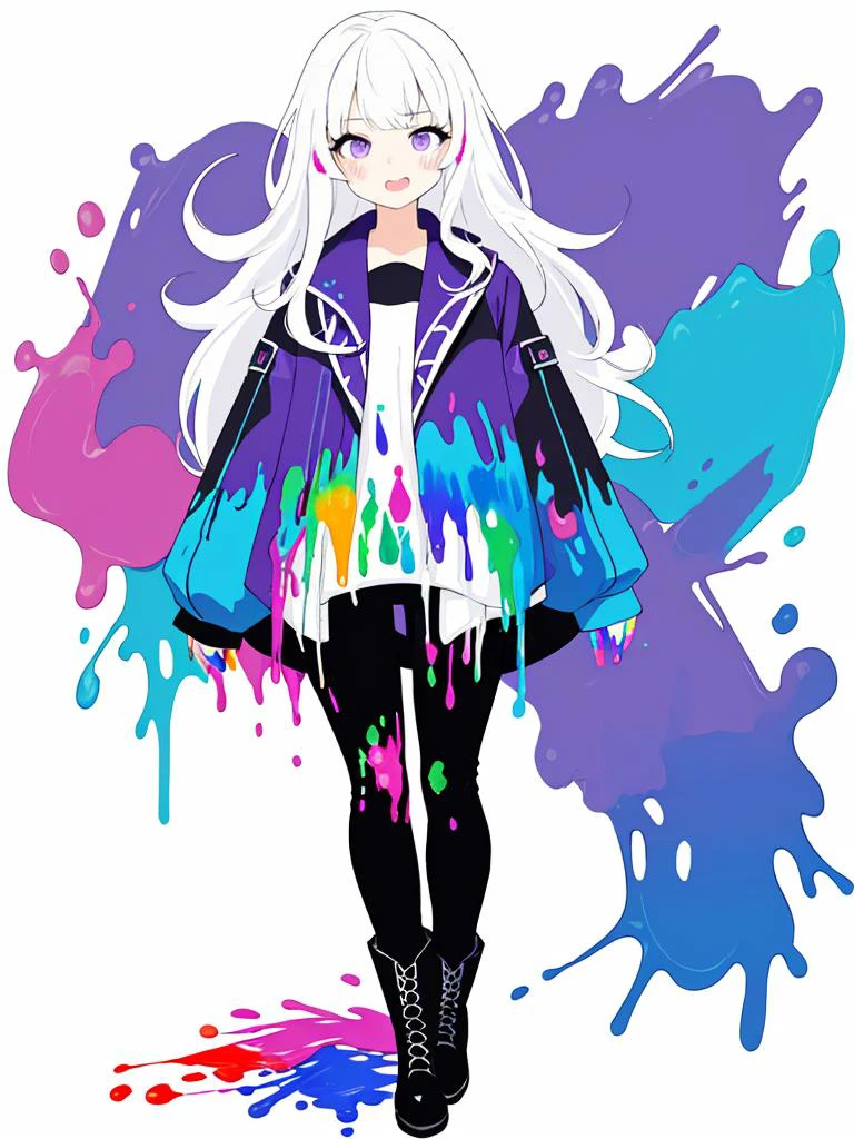 1girl, ((colourful paint splashes on transparent background, dulux), dynamic angle, beautiful detailed glow, full body, cowboy shot, white hair, purple eyes, cute face, High contrast