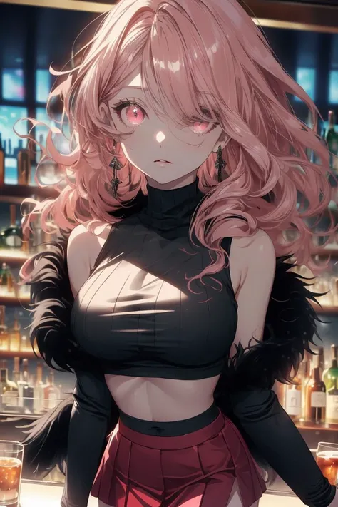 Arafed, dark fantasy art, glamour shot, award winning shot, photorealistic, a portrait of a female vampire drinking a glass of blood,, pink hair, long hair, red lips, glowing eyes, there is an imprint of white rose, dynamic color, she wears, an elegant (black dress: 1.5), blood dripping from lips, cyberpunk bar background, 16k, ultra detailed, masterpiece, best quality, (extremely detailed), Dark Art Painting Style