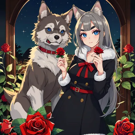 anthro, mammal, hi res, clothing, solo, fur, plant, canid, blue eyes, digital media (artwork), canine, female, clothed, holding object, tuft, hair, inner ear fluff, topwear, night, looking at viewer, flower, rose (flower), fingers, canis, food, black nose, eyebrows, star, eyelashes, 5 fingers, breasts, insect, detailed, grey fur, lostgoose, grey body