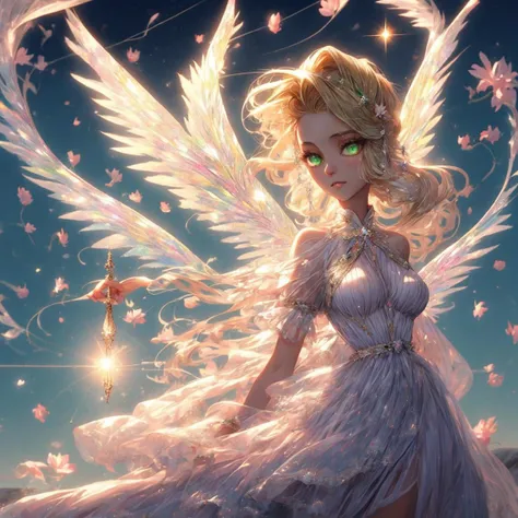 heavenly unscathed nero claudius \(fate\), blonde hair, (round iris, crisp jelly green eyes, eye focus, mature woman, extremely delicate body, extremely delicate hand), feminine expression, kind expression, joyful expression, looking away, [silk blonde hair, eyelashes, eyeliner, glistering green eyes, parted lips, smile, light skin, smooth skin, soft skin, round breasts, small breasts, perfect breasts, extremely detailed clothes, bare legs], lens flare, [fairy garden, enchanted flower, fairy dust bottle, whimsical pose, sprinkling fairy dust, ethereal outfit, wings, enchantment, joy, pastel pink]
white sclera
<lora:beautiful detailed eyes:0.8>
<lora:more_details:0.6>
<lora:wrenchsfantasy:1> wrenchsfantasy, fantasy, glowing