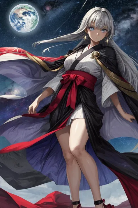 beautiful woman, glowing blue eyes, star shaped pupils
Hoshizora is one of the primordial beings of the universe. She takes the form of a woman, wearing a long Kimono and hakama that completely covers her body, which is patterned with galaxies, stars, planets, almost like her clothing is made by the universe itself. She carries with her a glowing sword, made of pure moonlight. She has glowing sky-blue eyes, and has a cape made of starlight. She wanders the universe, protecting existence itself from all kinds of threats that seek to end reality. She also has the duty of an executioner, that means if life on a planet has reached its end, she is the one that must destroy the planet and grant the remaining life essence back to Stellana. She is the one destined to slay Astarach if she ever escapes her prison.
<lora:beautiful detailed eyes:0.8>
<lora:more_details:0.7>