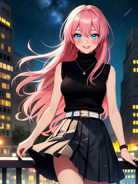 /imagine an anime picture in (Ultra-HD-details, discreet, emphasized-details, life-size-body, cutesie)
50mm lens
aperture opening of f/4.0
(cinematic light, depth of field, vivid colors like HDR+, sharp focus)
The youthful top model is posing for this image that frames (upper body) in a (night city background with starry night, fantasy, glowing), this top model is
1girl, pink hair, long hair, (Her silky hair sways in the wind), vivid blue eyes, hair between eyes, blush, confident smile, closed mouth, very cute, bangs, medium breasts, smile, (dressing a sweater, turtleneck sweater, (sleeveless), necklace, skirt, pleated skirt, (black skirt), black belt)
\\ Made with ONE FOR ALL checkpoint by Chaos Experience @ https://civitai.com/user/ChaosExperience/ \\