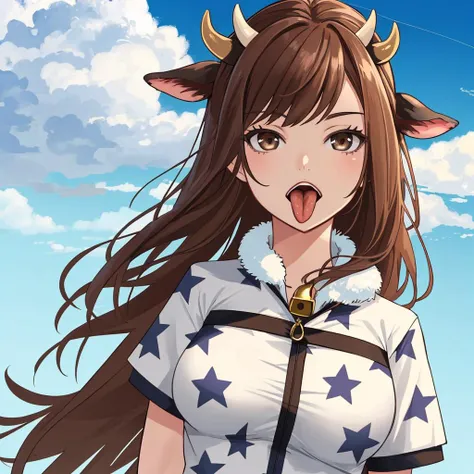 mammal, solo, cow, bovine, anthro, hi res, hair, star, tongue, detailed, female, fur, looking at viewer, brown hair, sky, tuft, tongue out