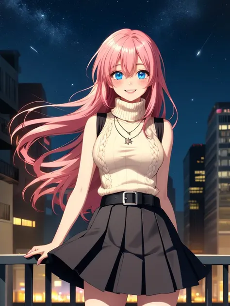/imagine an anime picture in (Ultra-HD-details, discreet, emphasized-details, life-size-body, cutesie)
50mm lens
aperture opening of f/4.0
(cinematic light, depth of field, vivid colors like HDR+, sharp focus)
The youthful top model is posing for this image that frames (upper body) in a (night city background with starry night, fantasy, glowing), this top model is
1girl, pink hair, long hair, (Her silky hair sways in the wind), vivid blue eyes, hair between eyes, blush, confident smile, closed mouth, very cute, bangs, medium breasts, smile, (dressing a sweater, turtleneck sweater, (sleeveless), necklace, skirt, pleated skirt, (black skirt), black belt)
\\ Made with ONE FOR ALL checkpoint by Chaos Experience @ https://civitai.com/user/ChaosExperience/ \\