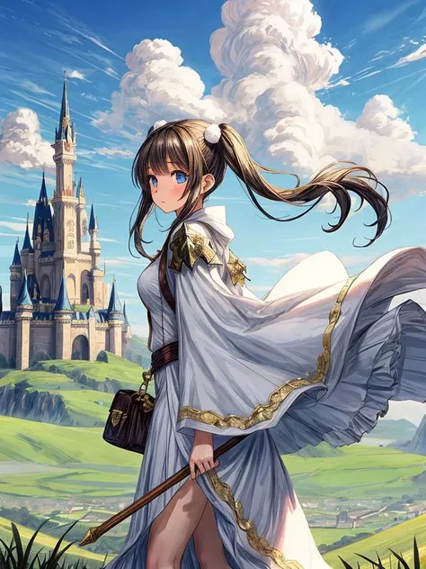 1girl, super long pom pom pigtails, white mage, casting spell, fantasy castle background, blue sky, large white clouds, rolling hills,
<lora:more_details:1>