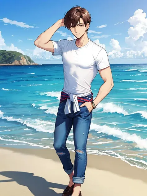 1boy, solo, ocean, handsome, white shirt, jeans, clothes around waist,