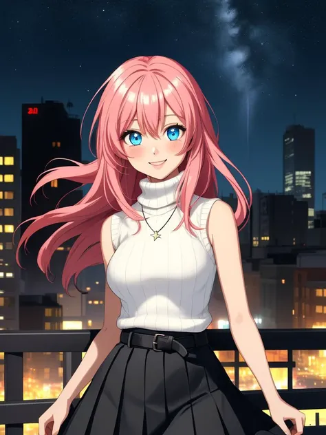 /imagine an anime picture in (Ultra-HD-details, discreet, emphasized-details, life-size-body, cutesie)
50mm lens
aperture opening of f/4.0
(cinematic light, depth of field, vivid colors like HDR+, sharp focus)
The youthful top model is posing for this image that frames (upper body) in a (night city background with starry night, fantasy, glowing), this top model is
1girl, pink hair, long hair, (Her silky hair sways in the wind), vivid blue eyes, hair between eyes, blush, confident smile, closed mouth, very cute, bangs, medium breasts, smile, (dressing a sweater, turtleneck sweater, (sleeveless), necklace, skirt, pleated skirt, (black skirt), black belt)
\\ Made with ONE FOR ALL checkpoint by Chaos Experience @ https://civitai.com/user/ChaosExperience/ \\