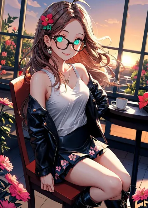(masterpiece), best quality, expressive eyes, perfect face, 1girl, happy expression, green eyes, wearing glasses, Brown hair, antenna hair, smile, open shoulders white t-shirt stamped with a cat, beautiful heart with flowers hair ornament, wearing heart nec klace, black leather jacket, cute skirt, black stockings, black leather boots, (high angle), flowers around, (perfect anatomy), master piece, ultra detailed, wind, beautiful dawn, Beautiful sky, beautiful face, beautiful eyes, sitting on chair in the cafeteria, â,
<lora:Furtastic_Detailer:0.9> <lora:wrenchsfantasy:0.7> wrenchsfantasy, fantasy, glowing