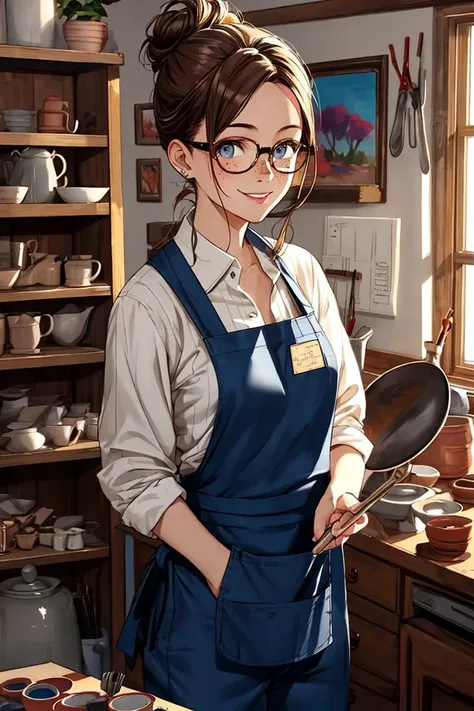 expressive eyes, perfect face, young woman, caucasian, beautiful, graceful, determined, smiling, happy, working in a pottery studio, wearing an apron, wearing pants, art studio, brown hair in a messy bun, freckles, wearing glasses, Upscale: 2, hires: 20, Denoising: 0.3
<lora:Furtastic_Detailer:0.8>
<lora:wrenchsfantasy:0.7> wrenchsfantasy, fantasy, glowing