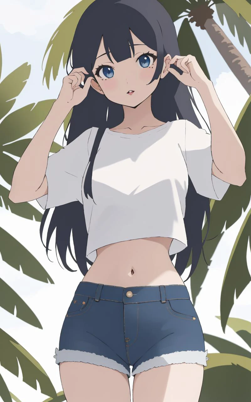 (Anime : Flat : 2D)
1girl, solo, lips, long hair, looking at viewer, midriff, mole, navel
denim, outdoors, palm tree, shirt, short shorts, shorts
depth of field, focused
<lora:add_detail:-2>