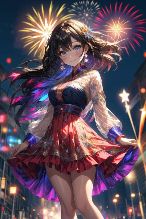 ((highest quality 16k)), ((ephemeral)), ((detailed and delicate)), bend down, 1girl, Mai Sakurajima (\Seishun Buta Yarou wa Bunny Girl Senpai no Yume wo Minai\) solo, long hair, happy expression, beautiful smile, beautiful summer Festival dress, bottom View, Looking at the viewer, Standing on festival square, Summer Festival under beautiful starry night, fireworks at background,(masterpiece:1.2),(best quality:1.2),newest,ai-generated, istic, photorealistic, cinematic lighting,mai sakurajima, long hair, bangs, black hair, hair ornament, purple eyes, hairclip, rabbit hair ornament,mai sakurajima, long hair, bangs, black hair, hair ornament, purple eyes, hairclip, rabbit hair ornament,manhwa