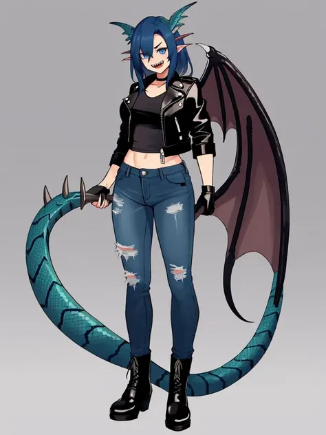 solo, (full body, front view, standing)
1monster, viper tobi-kadachi, female, fanged wyvern, claws, fangs, feet, anthro, looking at viewer, standing, muscular, scales, sharp teeth, solo, tail, big tail, black body, black scales
(clothed, wearing leather jacket, topwear), bottomwear, jeans, blue eyes
((caustic) background)