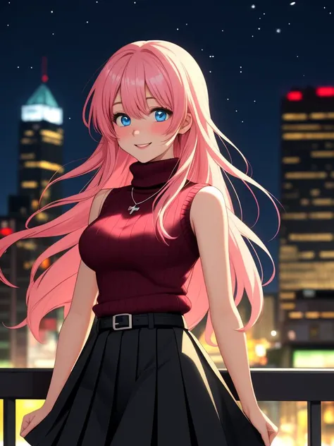 /imagine an anime picture in (Ultra-HD-details, discreet, emphasized-details, life-size-body, cutesie)
50mm lens
aperture opening of f/4.0
(cinematic light, depth of field, vivid colors like HDR+, sharp focus)
The youthful top model is posing for this image that frames (upper body) in a (night city background with starry night, fantasy, glowing), this top model is
1girl, pink hair, long hair, (Her silky hair sways in the wind), vivid blue eyes, hair between eyes, blush, confident smile, closed mouth, very cute, bangs, medium breasts, smile, (dressing a sweater, turtleneck sweater, (sleeveless), necklace, skirt, pleated skirt, (black skirt), black belt)
\\ Made with ONE FOR ALL checkpoint by Chaos Experience @ https://civitai.com/user/ChaosExperience/ \\
