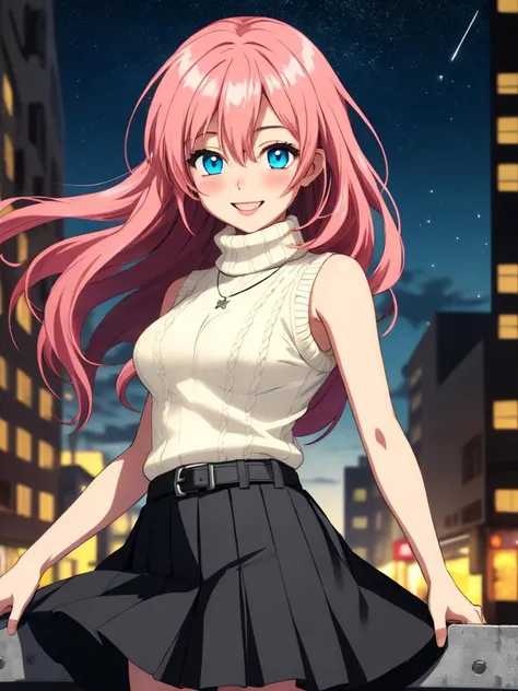 /imagine an anime picture in (Ultra-HD-details, discreet, emphasized-details, life-size-body, cutesie)
50mm lens
aperture opening of f/4.0
(cinematic light, depth of field, vivid colors like HDR+, sharp focus)
The youthful top model is posing for this image that frames (upper body) in a (night city background with starry night, fantasy, glowing), this top model is
1girl, pink hair, long hair, (Her silky hair sways in the wind), vivid blue eyes, hair between eyes, blush, confident smile, closed mouth, very cute, bangs, medium breasts, smile, (dressing a sweater, turtleneck sweater, (sleeveless), necklace, skirt, pleated skirt, (black skirt), black belt)
\\ Made with ONE FOR ALL checkpoint by Chaos Experience @ https://civitai.com/user/ChaosExperience/ \\