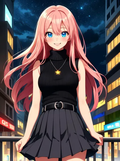 /imagine an anime picture in (Ultra-HD-details, discreet, emphasized-details, life-size-body, cutesie)
50mm lens
aperture opening of f/4.0
(cinematic light, depth of field, vivid colors like HDR+, sharp focus)
The youthful top model is posing for this image that frames (upper body) in a (night city background with starry night, fantasy, glowing), this top model is
1girl, pink hair, long hair, (Her silky hair sways in the wind), vivid blue eyes, hair between eyes, blush, confident smile, closed mouth, very cute, bangs, medium breasts, smile, (dressing a sweater, turtleneck sweater, (sleeveless), necklace, skirt, pleated skirt, (black skirt), black belt)
\\ Made with ONE FOR ALL checkpoint by Chaos Experience @ https://civitai.com/user/ChaosExperience/ \\