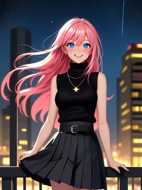 /imagine an anime picture in (Ultra-HD-details, discreet, emphasized-details, life-size-body, cutesie)
50mm lens
aperture opening of f/4.0
(cinematic light, depth of field, vivid colors like HDR+, sharp focus)
The youthful top model is posing for this image that frames (upper body) in a (night city background with starry night, fantasy, glowing), this top model is
1girl, pink hair, long hair, (Her silky hair sways in the wind), vivid blue eyes, hair between eyes, blush, confident smile, closed mouth, very cute, bangs, medium breasts, smile, (dressing a sweater, turtleneck sweater, (sleeveless), necklace, skirt, pleated skirt, (black skirt), black belt)
\\ Made with ONE FOR ALL checkpoint by Chaos Experience @ https://civitai.com/user/ChaosExperience/ \\