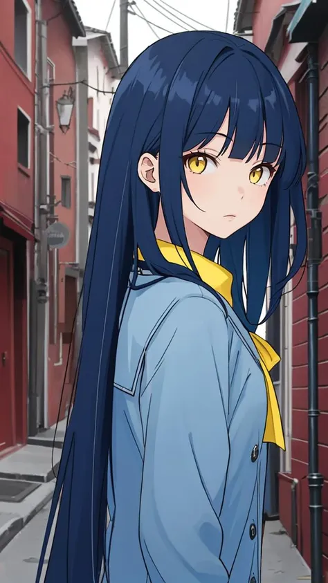 alley, facing viewer, 1girl.solo, long hair, blue hair, black hair, yellow eyes