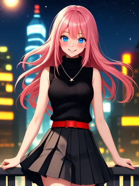 /imagine an anime picture in (Ultra-HD-details, discreet, emphasized-details, life-size-body, cutesie)
50mm lens
aperture opening of f/4.0
(cinematic light, depth of field, vivid colors like HDR+, sharp focus)
The youthful top model is posing for this image that frames (upper body) in a (night city background with starry night, fantasy, glowing), this top model is
1girl, pink hair, long hair, (Her silky hair sways in the wind), vivid blue eyes, hair between eyes, blush, confident smile, closed mouth, very cute, bangs, medium breasts, smile, (dressing a sweater, turtleneck sweater, (sleeveless), necklace, skirt, pleated skirt, (black skirt), black belt)
\\ Made with ONE FOR ALL checkpoint by Chaos Experience @ https://civitai.com/user/ChaosExperience/ \\