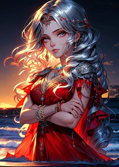 ((masterpiece :1.4, best quality:1.2)) female with silver eyes ((also extremely detailed)), long hair, curly hair, white hair, colorful hair, bracelets, necklaces, beautiful red dress, close to viewer, close up to face, beautiful face, dark sky, night, beach, partially submerged, perfect hands, crossed arms
<lora:Furtastic_Detailer:1> <lora:wrenchsfantasy:1> wrenchsfantasy, fantasy, glowing
