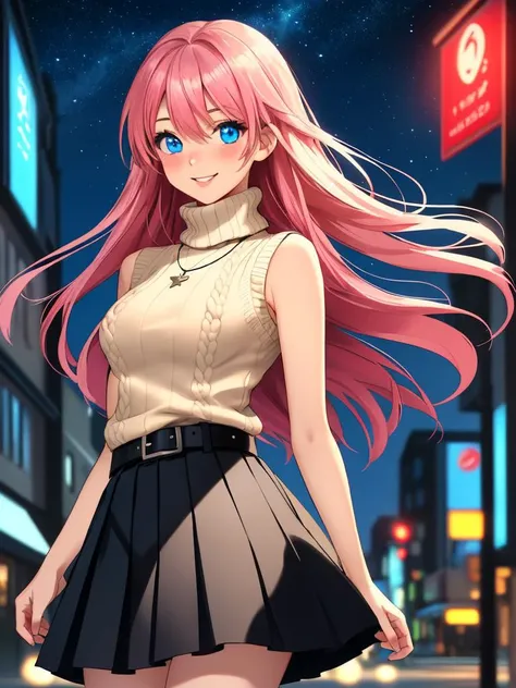 /imagine an anime picture in (Ultra-HD-details, discreet, emphasized-details, life-size-body, cutesie)
50mm lens
aperture opening of f/4.0
(cinematic light, depth of field, vivid colors like HDR+, sharp focus)
The youthful top model is posing for this image that frames (upper body) in a (night city background with starry night, fantasy, glowing), this top model is
1girl, pink hair, long hair, (Her silky hair sways in the wind), vivid blue eyes, hair between eyes, blush, confident smile, closed mouth, very cute, bangs, medium breasts, smile, (dressing a sweater, turtleneck sweater, (sleeveless), necklace, skirt, pleated skirt, (black skirt), black belt)
\\ Made with ONE FOR ALL checkpoint by Chaos Experience @ https://civitai.com/user/ChaosExperience/ \\