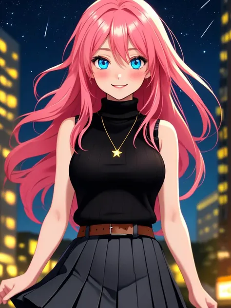 /imagine an anime picture in (Ultra-HD-details, discreet, emphasized-details, life-size-body, cutesie)
50mm lens
aperture opening of f/4.0
(cinematic light, depth of field, vivid colors like HDR+, sharp focus)
The youthful top model is posing for this image that frames (upper body) in a (night city background with starry night, fantasy, glowing), this top model is
1girl, pink hair, long hair, (Her silky hair sways in the wind), vivid blue eyes, hair between eyes, blush, confident smile, closed mouth, very cute, bangs, medium breasts, smile, (dressing a sweater, turtleneck sweater, (sleeveless), necklace, skirt, pleated skirt, (black skirt), black belt)
\\ Made with ONE FOR ALL checkpoint by Chaos Experience @ https://civitai.com/user/ChaosExperience/ \\