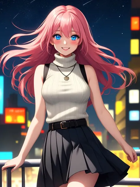 /imagine an anime picture in (Ultra-HD-details, discreet, emphasized-details, life-size-body, cutesie)
50mm lens
aperture opening of f/4.0
(cinematic light, depth of field, vivid colors like HDR+, sharp focus)
The youthful top model is posing for this image that frames (upper body) in a (night city background with starry night, fantasy, glowing), this top model is
1girl, pink hair, long hair, (Her silky hair sways in the wind), vivid blue eyes, hair between eyes, blush, confident smile, closed mouth, very cute, bangs, medium breasts, smile, (dressing a sweater, turtleneck sweater, (sleeveless), necklace, skirt, pleated skirt, (black skirt), black belt)
\\ Made with ONE FOR ALL checkpoint by Chaos Experience @ https://civitai.com/user/ChaosExperience/ \\