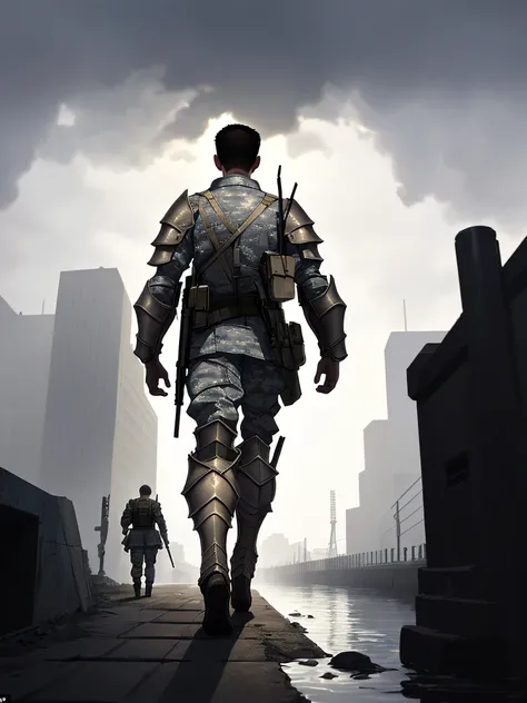dystopian scene, In a futuristic post-war setting, (a futuristic soldier:1.2) walks towards the camera in a canal, gazing out at the battlefield. the soldier is wearing(intricate armor:1.2). foggy background, casting dramatic shadows. Volumetric lighting, enhancing the ethereal atmosphere of the setting, darkness, rim lighting, detailed:1.2, sharp focus:1.2, realistic:1.3
\\ Made with ONE FOR ALL checkpoint by Chaos Experience @ https://civitai.com/user/ChaosExperience/ \\