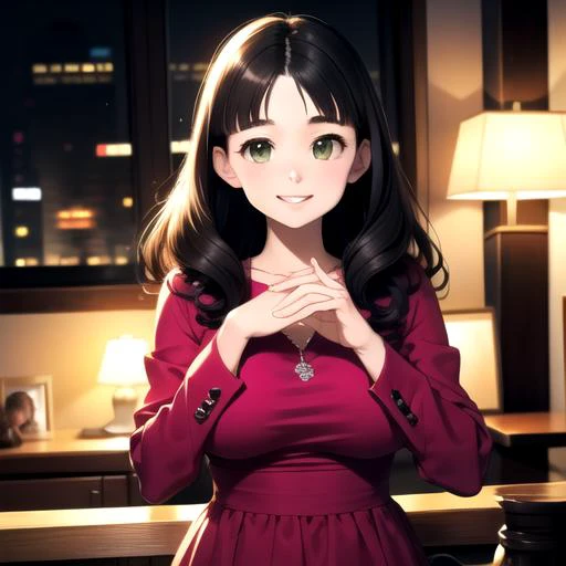 anime, best quality, (masterpiece:1.4), (high quality:1.4), sharp focus, <lora:hyperdenoiser_v090:0.5>, <lora:hyperrefiner_v090:0.5>, <lora:add_detail:1>, 4k, absurd resolution, <lora:sd15_lora_beta:0.7>, <lora:ETO_OC:0.3> ETO-OC, <lora:ETO_OCC006:0.7>, ETO_OCC, (curly hair), (long hair), (black hair), thick eyebrows, pale skin, (plump:1.2), 1girl, smiling, mature female, smug, (seductive smile), (parted hair:2), (round face), (no bangs:2), (round-chin), <lora:taremeEyes_v10:0.5>, ah1, solo, (dark olive green eyes), big breasts, tareme eyes, down-turned eyes, looking at viewer, forehead, <lora:parted_hair_v1.3:0.45>, pink dress, white shoes,