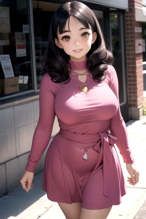 anime, best quality, (masterpiece:1.4), (high quality:1.4), sharp focus, <lora:hyperdenoiser_v090:0.5>, <lora:hyperrefiner_v090:0.5>, <lora:add_detail:1>, 4k, absurd resolution, <lora:sd15_lora_beta:0.7>, <lora:ETO_OC:0.3> ETO-OC, <lora:ETO_OCC006:0.7>, ETO_OCC, (curly hair), (long hair), (black hair), thick eyebrows, pale skin, (plump:1.2), 1girl, smiling, mature female, smug, (seductive smile), (parted hair:2), (round face), (no bangs:2), (round-chin), <lora:taremeEyes_v10:0.5>, ah1, solo, (dark olive green eyes), big breasts, tareme eyes, down-turned eyes, looking at viewer, forehead, <lora:parted_hair_v1.3:0.45>, pink dress, white shoes,
