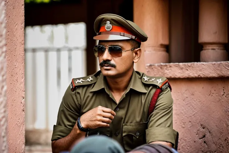 a stunning intricate full color photo, (1man), Indian police officer, wearing khaki uniform, (Indian_Police_Uniform:1) <lyco:Indian_Police_Uniform_V1:1.25> epic character composition, sharp focus, full focus, realistic light, subsurface scattering, f25, 35mm, film grain, analog style
