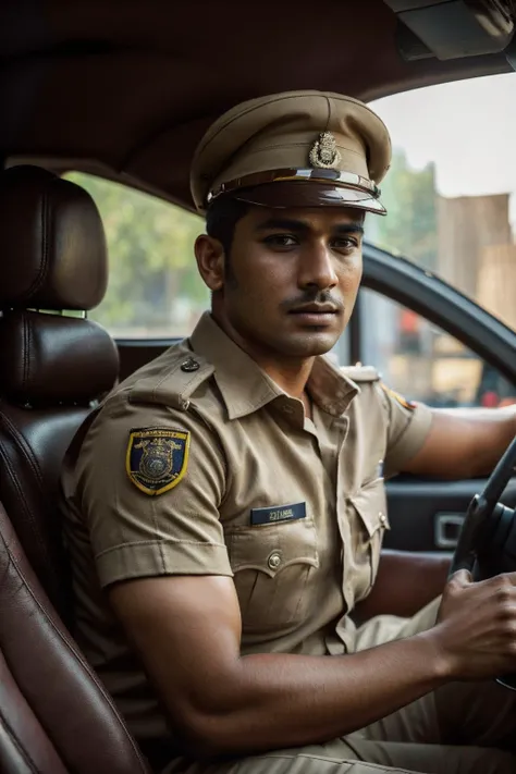 a stunning intricate full color torso portrait, 1boy, handsome Indian (man:1.3) as a police officer, wearing a khaki Indian police uniform, police cap (Indian_Police_Uniform:1) <lyco:Indian_Police_Uniform_V1:1.0> in a police jeep, detailed skin, epic character composition, sharp focus, full focus, realistic light, subsurface scattering, f25, 35mm, film grain, analog style, epiCRealism