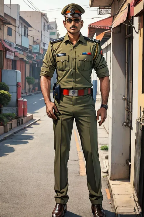 masterpiece, best quality, realistic, man, Indian police officer, wearing khaki uniform, (Indian_Police_Uniform:1) <lyco:Indian_Police_Uniform_V1:1.0> standing on a busy Indian street