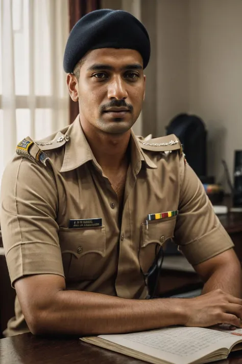 a stunning intricate full color photo of Indian man, as a police officer, wearing a khaki Indian police uniform, (Indian_Police_Unifrom:1) <lyco:Indian_Police_Uniform_V1:1.0> sitting at a desk, detailed skin, epic character composition, by ilya kuvshinov, alessio albi, nina masic, sharp focus, full focus, realistic light, subsurface scattering, f25, 35mm, film grain, analog style, epiCRealism