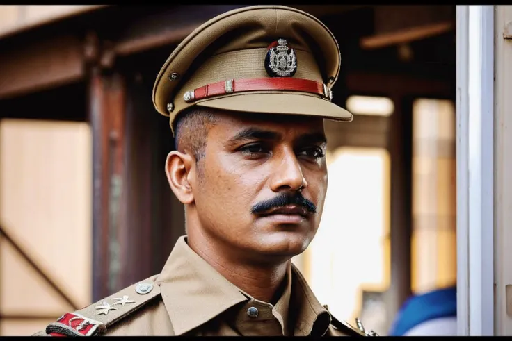 a stunning intricate full color photo, 1man, Indian police officer, wearing khaki uniform, (Indian_Police_Uniform:1) <lyco:Indian_Police_Uniform_V1:1.25> epic character composition, sharp focus, full focus, realistic light, subsurface scattering, f25, 35mm, film grain, analog style